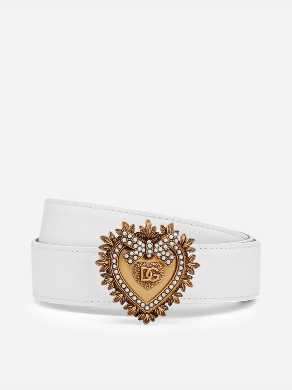 Dolce & Gabbana White Leather Belt with Ornate Gold Heart Buckle